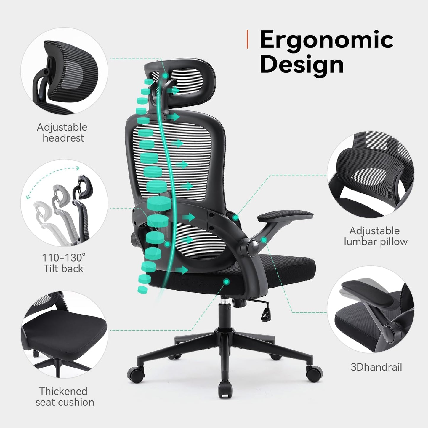 SIHOO M102C Silla ergonomica Escritorio, Silla de Oficina Grande y Alta con reposabrazos Plegables, Soporte Lumbar Ajustable Silla Escritorio, Silla Oficina ergonómica para Uso doméstico - Negro